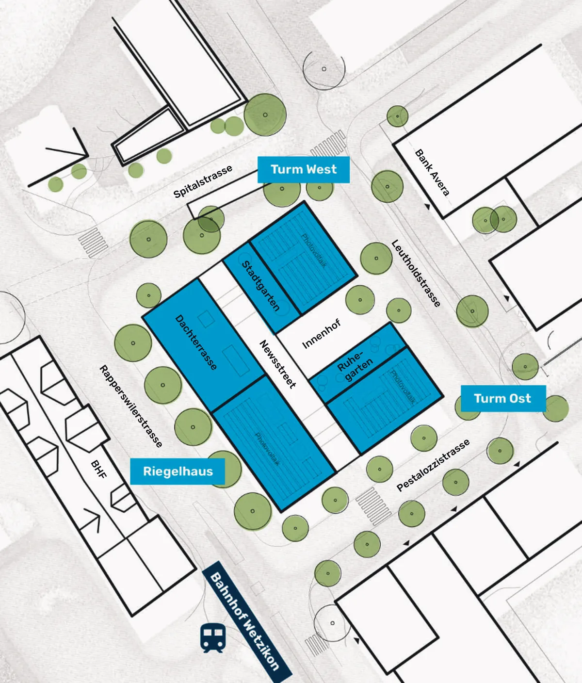 Man sieht drei blau eingefärbte Gebäudeteile. Diese sind mit Riegelhaus, Turm Ost und Turm West beschriftet. Zur Orientierung sind noch Strassennamen, die Bank Avera (rechts oben) und der Bahnhof Wetzikon (links unten) vermerkt.